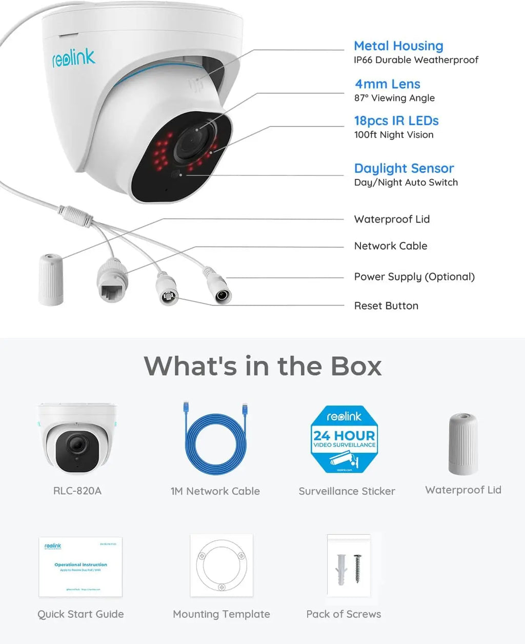 P334 Outdoor Dome IP Security Camera 8MP 4K Color Night Vision PoE with Human/Vehicle Detection Wide Angle CMOS Sensor NVR IP67