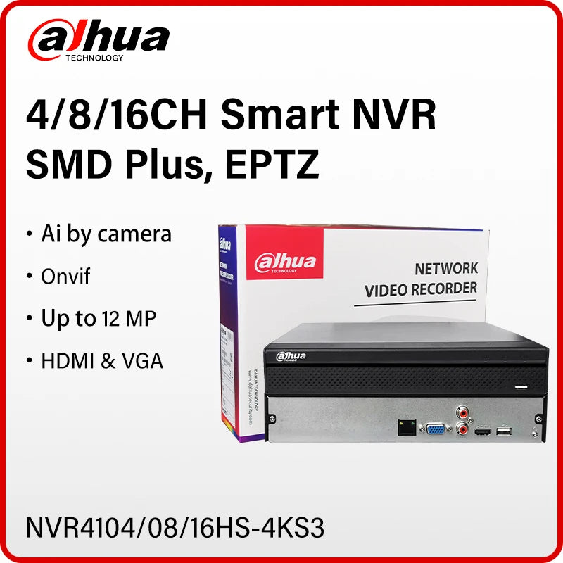 Dahua 4/8/16 CH 4K NVR Smart Ai Camera Monitor System 12MP Black Video Recorder NVR4104HS-4KS3 NVR4108HS-4KS3 NVR4116HS-4KS3 SMD