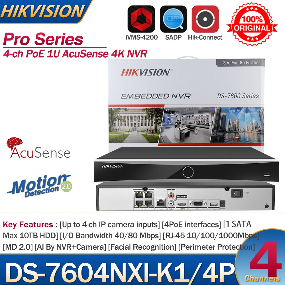 Hikvision NVR 4-ch PoE 1U AcuSense 4K NVR DS-7604NXI-K1/4P 4-ch Camera inputs Network Video Recorder Support Third-party Camera