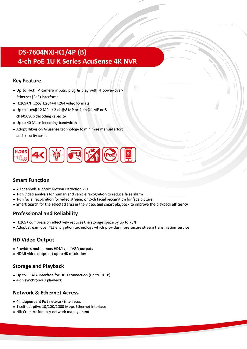 Hikvision NVR 4-ch PoE 1U AcuSense 4K NVR DS-7604NXI-K1/4P 4-ch Camera inputs Network Video Recorder Support Third-party Camera