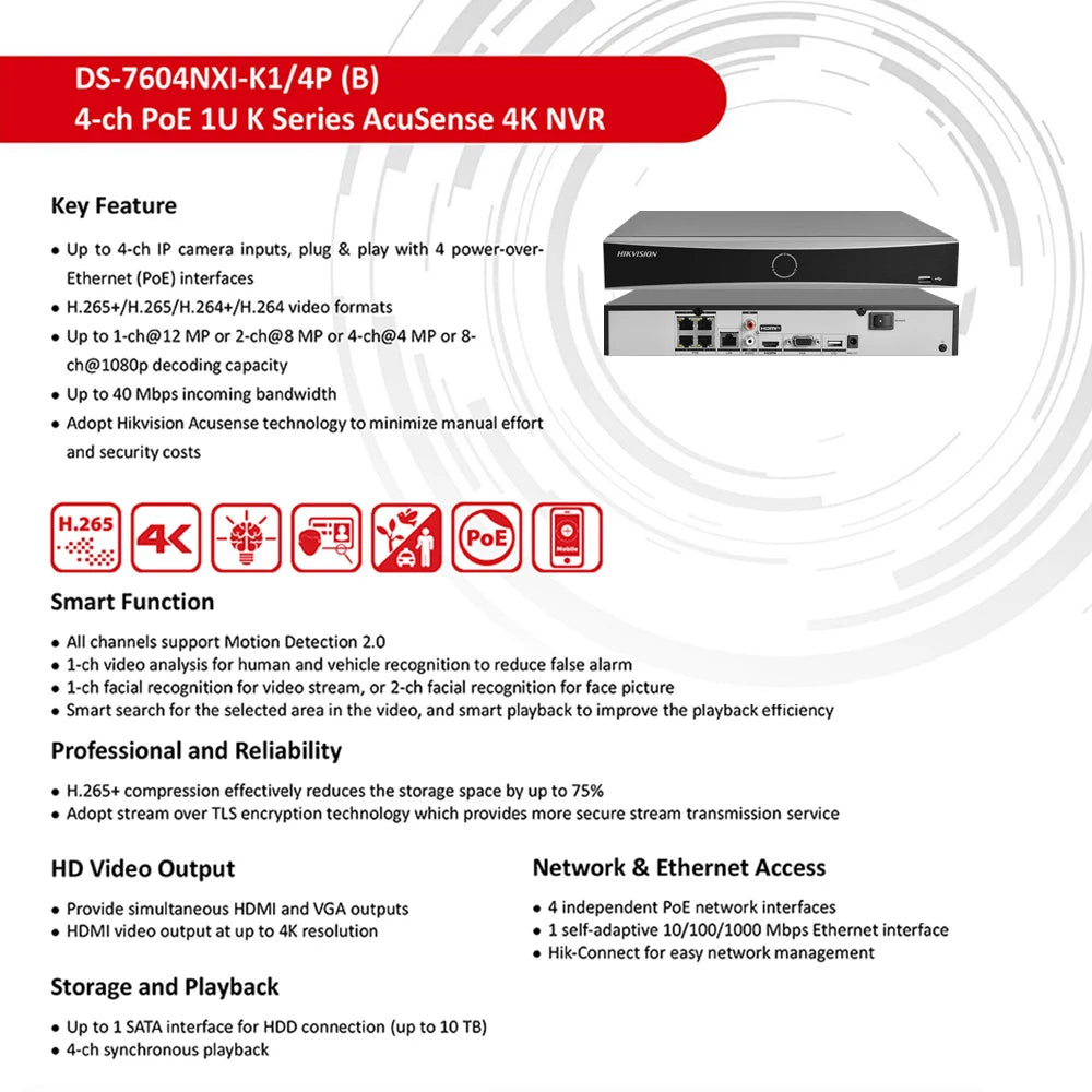 Hikvision NVR 4-ch PoE 1U AcuSense 4K NVR DS-7604NXI-K1/4P 4-ch Camera inputs Network Video Recorder Support Third-party Camera