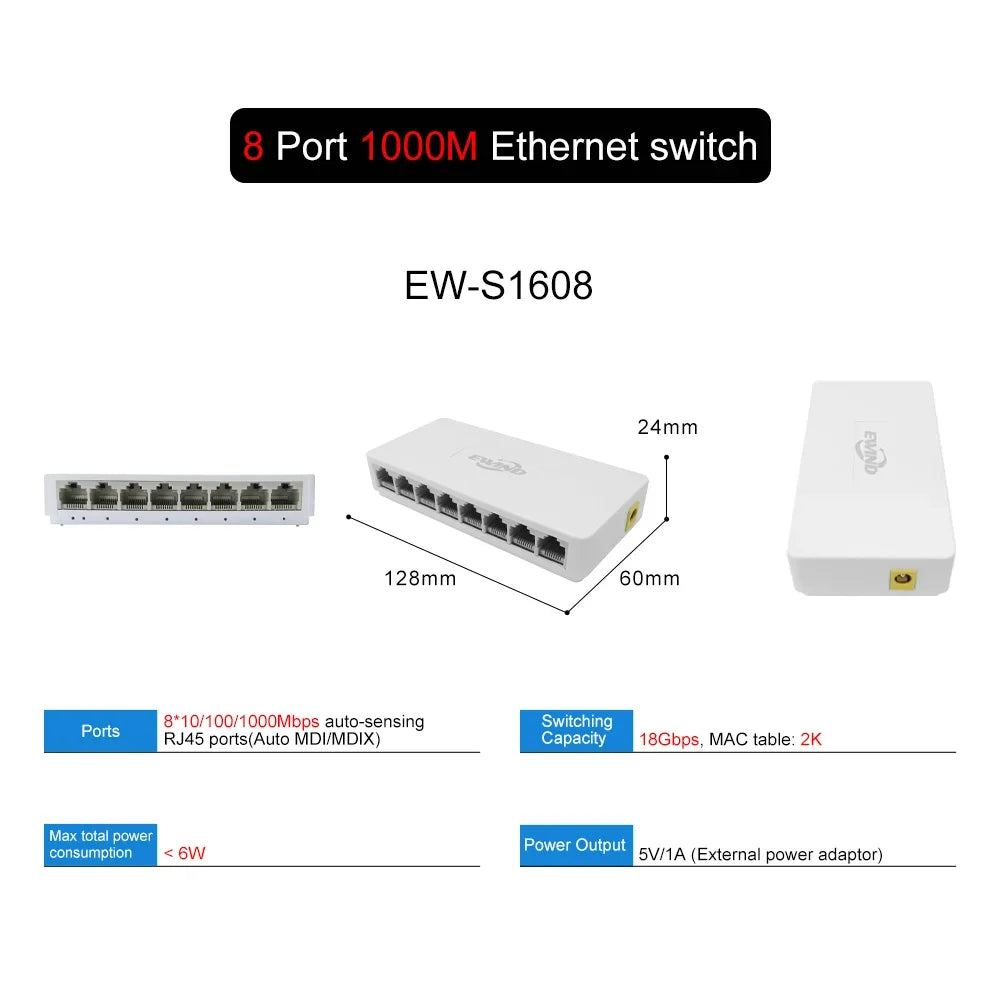 Ethernet Switch 5/8 Ports Gigabit Network Switch 10/100/1000Mbps Fast Auto-sensing RJ45 Desktop Ethernet Switch Auto MDI/MDIX