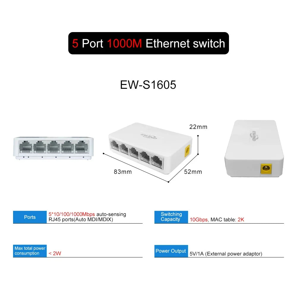 Ethernet Switch 5/8 Ports Gigabit Network Switch 10/100/1000Mbps Fast Auto-sensing RJ45 Desktop Ethernet Switch Auto MDI/MDIX